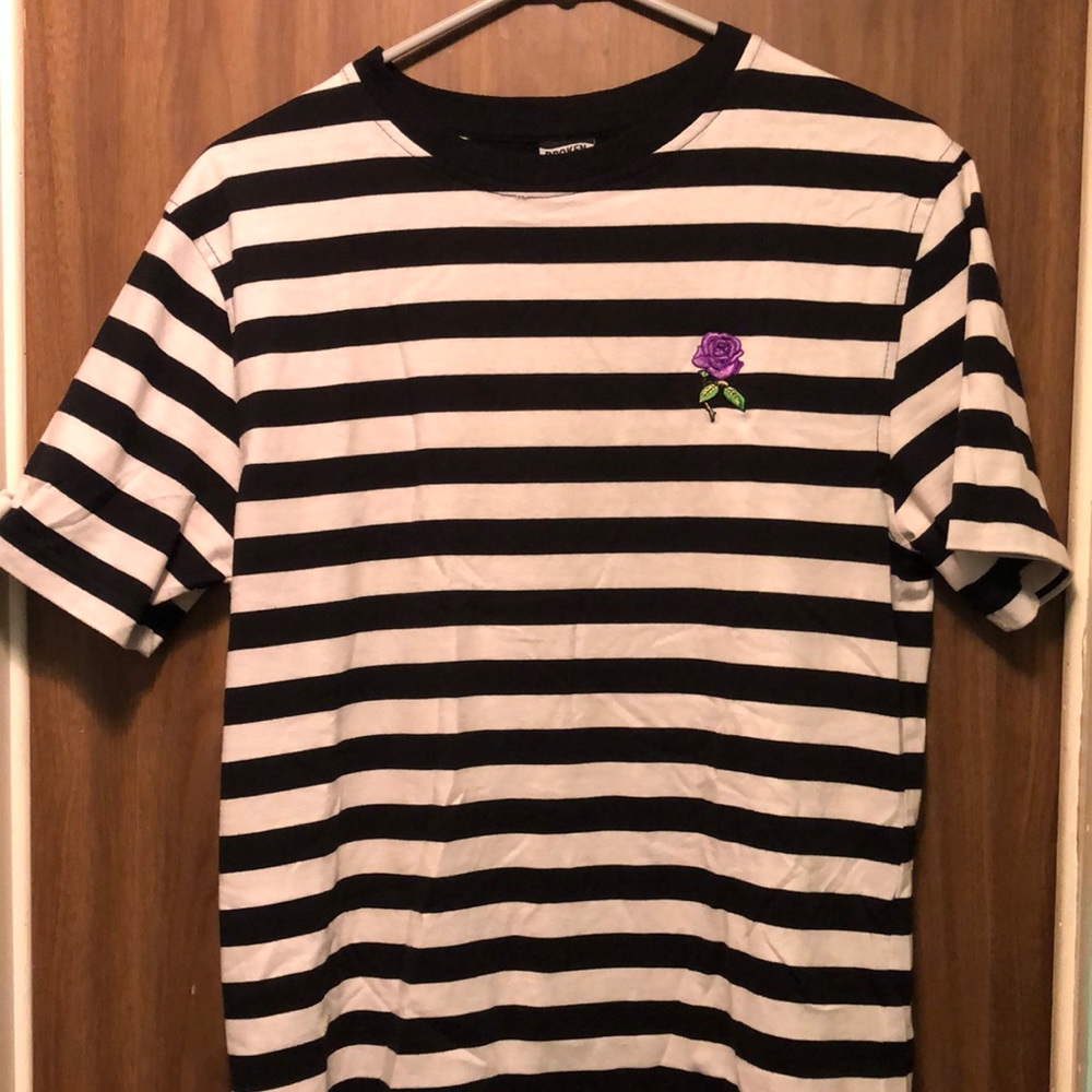 Broken Promises striped tee with purple rose